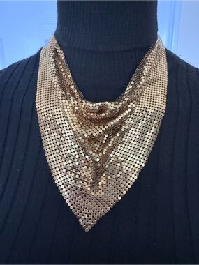 Vintage Whiting and Davis gold tone metal mesh bib necklace Adjustable unsigned